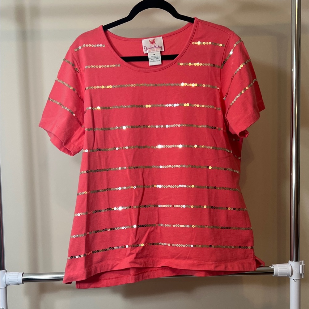 Quacker Factory Coral Sequin Striped Tee